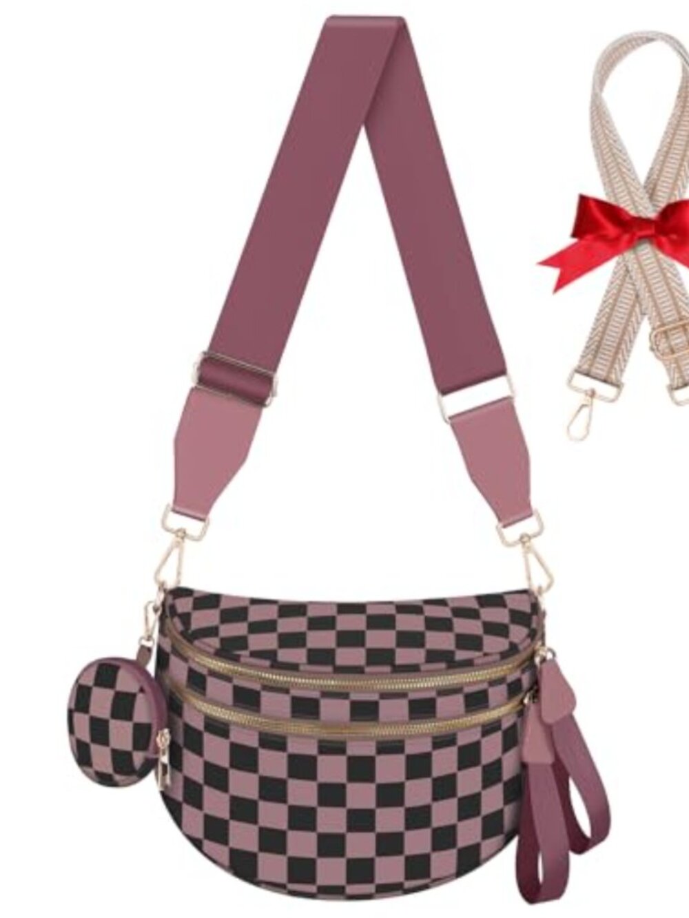 Checkered Fanny Pack Crossbody Bag with Removable Wallets, Nylon Belt Purse,